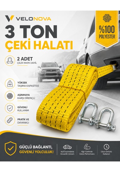 3 Ton Sarı Çekme Halatı 3 Metre 5 Cm Genişlik 2 Adet Çelik Mapa Dahil %100 Polyester Araç Kurtarma Halatı