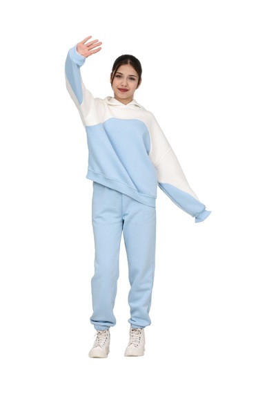 Erdem Kıds Kız Çocuk Paçası Lastikli, Garnili Oversize 3 I Plik Şardonlu I Çi Pamuklu Eşofman Takımı Bebe Mavisi-ekru Bebe Mavisi-ekru