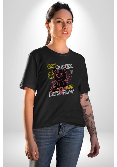 Dışarı Çık Ve Oynayalım Teddy Unisex Unisex Siyah Organik Baskılı T-shirt Penye Yüksek Kalite Siyah