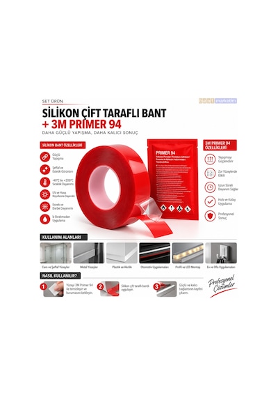 Silikon Çift Taraflı Bant 9mm X 5m + 3m Primer 94 Yapışma Güçlendirici Set Evimdeyokyok