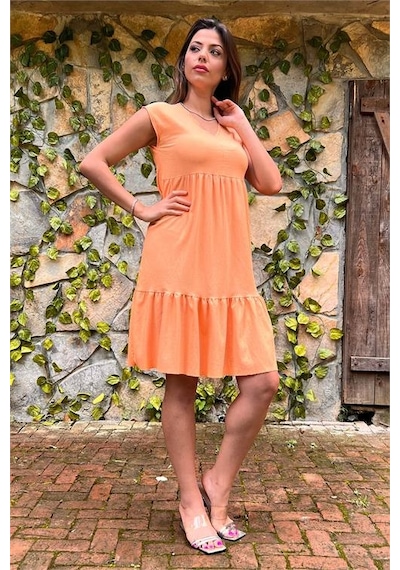 Neşeli Butik Kadın Orange Yeni Sezon V-yaka Eteği Fırfırlı Yazlık Elbise Lptr02 Orange