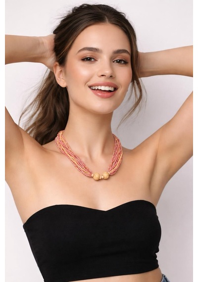 Kristal Boncuklu Kadın Kolye Boy 23 Cm Pembe