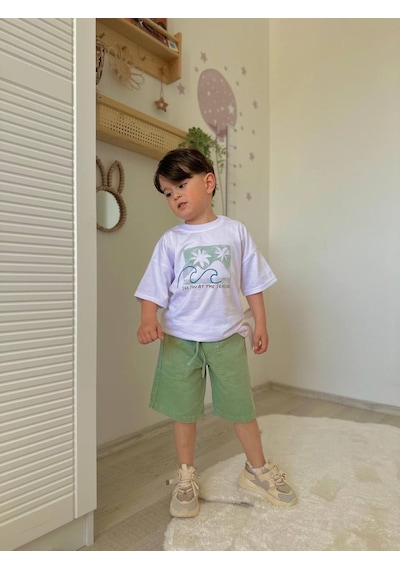 Miniko Kids Erkek Çocuk Keten Şortlu Cep Modelli Desenli Pamuk Şortlu Takım Beyaz