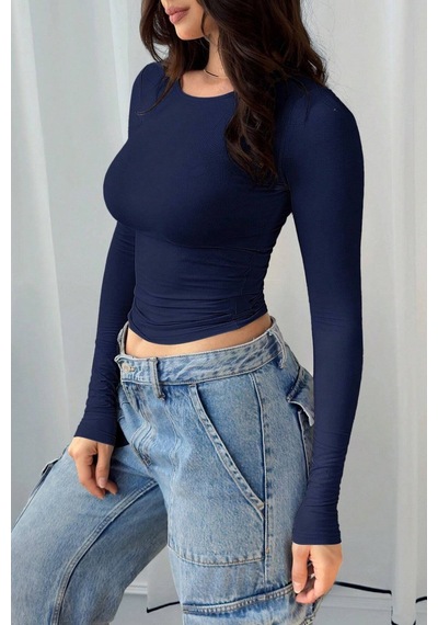 Tarz Cool Kadın Bisiklet Yaka Basic Uzun Kollu Likralı Body Lacivert