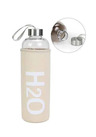 H2o Sağlıklı Cam Matara 1000 Ml Su Şişesi, Pastel Renk Kılıflı 1 Lt Sporcu Suluğu Bej