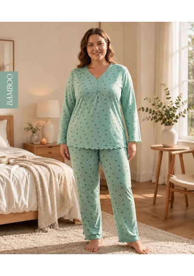 Derya Kadın Büyük Beden Dantel Yaka Bambu Uzun Kol İnce Pijama Takımı 8141y - 1 Adet Yeşil Derya Kadın Büyük Beden Dantel Yaka Bambu Uzun Kol İnce Pijama Takımı 8141y - 1 Adet Yeşil