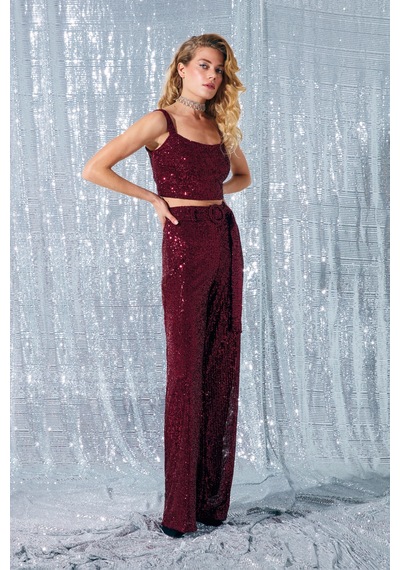 Sateen Kemerli Payet Pantolon - Bordo