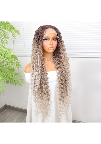 Afro Dalga Rus Kumralı Beyaz Platin Ombreli Işıltılı Fiber Sentetik Tül Peruk - Elm-01-582347 Karışık - Çok Renkli
