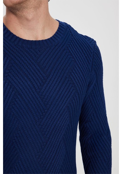 Tudors Erkek Slim Fit Dar Kesim Pamuklu Desenli Yumuşak Dokulu Saks Mavi Bisiklet Yaka Kazak-30440 Saks