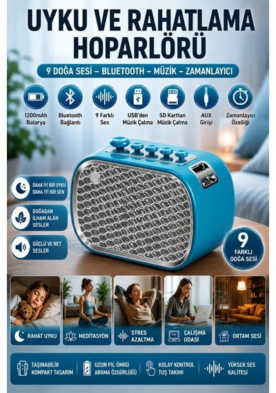 Polham 9 Sesli Uyku Hoparlörü Bluetooth 5.1v, 1200mah Taşınabilir Rahatlama Cihazı Zamanlayıcı, Usb Sd Kart Aux Mavi