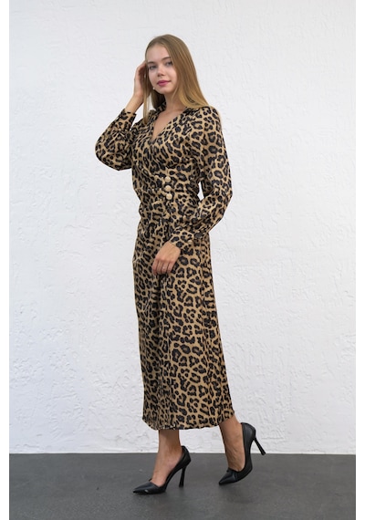 Livanomi Önü Düğmeli Leopar Desen Elbise-kahverengi Kahverengi