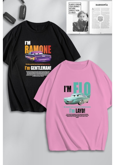Unisex Kadın Erkek Ramone,flo Layd Ve Gentleman Baskılı Sevgili Çift Kombini Tasarım Oversize Tshirt Siyah Pembe Mck0512 Siyah Pembe