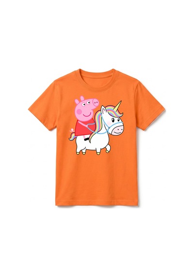 Urbantrendstore Peppa Pig Temalı Unisex Kız Çocuk Erkek Çocuk Bisiklet Yuvarlak Yaka Basic Kısa Kollu %100 Pamuk Tişört Turuncu