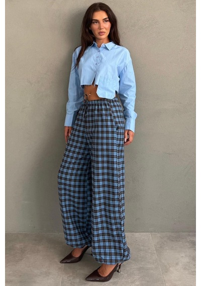 Madmext Mavi Ekose Desenli Beli Lastikli Balon Pantolon Mg2905