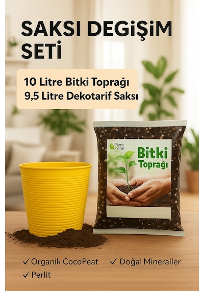 Saksı Değişim Seti 10 Litre Böcek Sinek Yapmayan Organik Çiçek Toprağı + 9,5 Litre Dekoratif Saksı