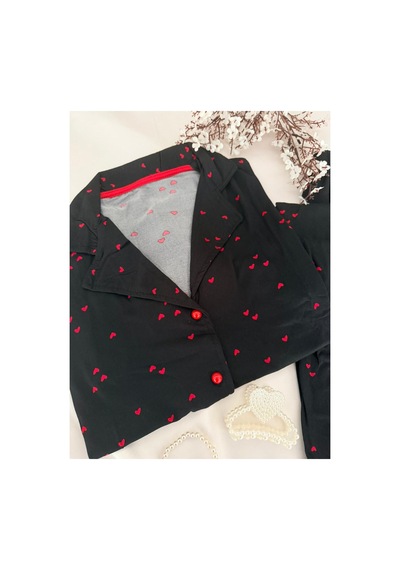Mh Moony Homewears Kısa Kol Kırmızı Kalp Düğmeli Pijama Takımı Kırmızı
