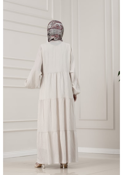 Sevitli Lilyum Kumaş Robalı Katya Elbise-bej-5816