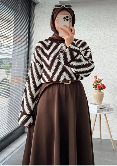 Trend Paris Retro Zigzag Desenli Oversize Örgü Triko Kazak Kahverengi Standart