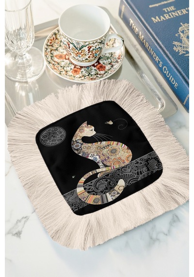 Bohem Patchwork Kedi Saçaklı Sunum Peçetesi - Siyah Zemin Etnik Altın Renkli Bardak Altlığı Mendil Çok Renkli