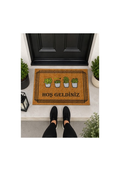 Saksı Figürlü Hoşgeldiniz Retro Tasarım Dekoratif Kapı Önü Paspası 40x60cm Çok Renkli