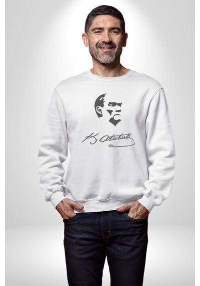 Kemal Atatürk İmza Ve Silüet Kadın Erkek Beyaz Baskılı Sweatshirt Beyaz