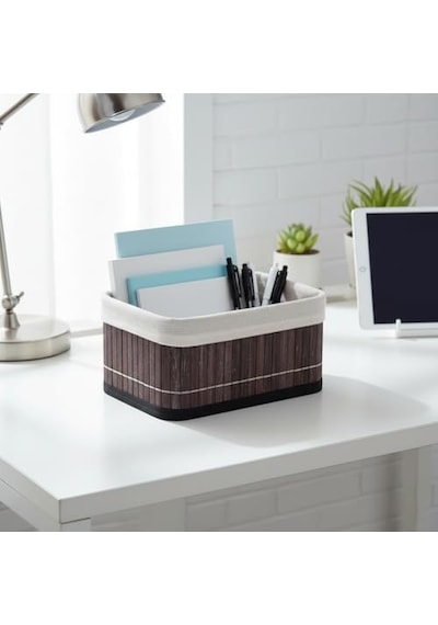 Deconox Mini Dikdörtgen Bambu Düzenleyici Ve Saklama Sepeti Gri Ahşap Banyo, Makyaj Ve Ofis Organizeri, Kumaş Astarlı Dekoratif Kutu 20x15x10 Cm