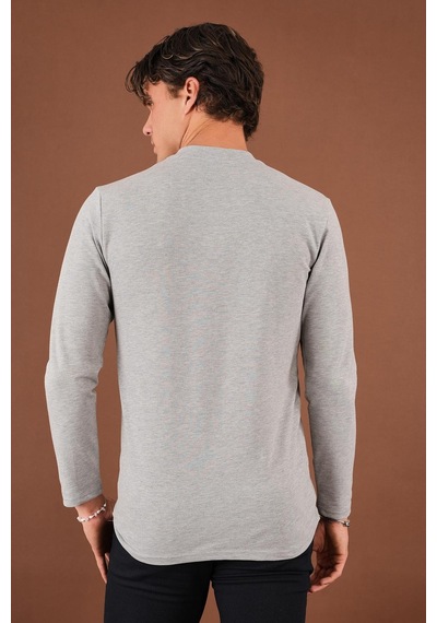 V Yaka Yırtmaç Detaylı Uzun Kollu T-shirt Gri