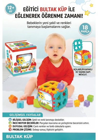 Eğitici Bultak Küp 18 Parça Şekil Eşleştirme Bebek Oyuncağı 12+ Ay