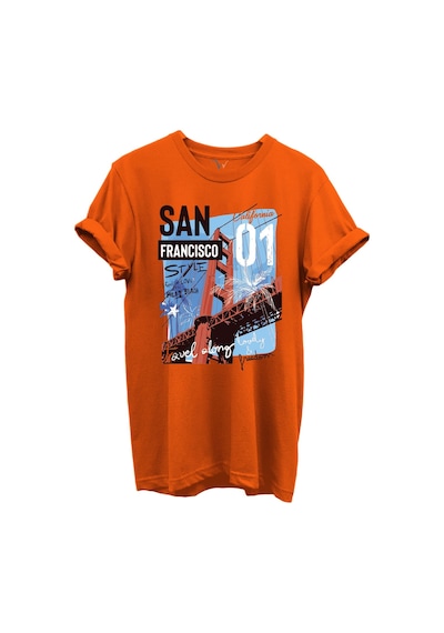 San Francisco California Yazılı Golden Gate Köprüsü Baskılı %100 Pamuk Regular Fit Unisex T-shirt Turuncu