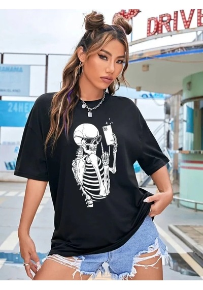 Kadın İskelet Baskılı T-shirt Kısa Kol Bisiklet Yaka Ovarsize Tişört - Siyah Siyah