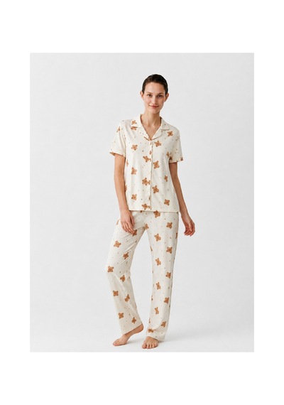 Regular V Yaka Günlük Kırık Beyaz Pijama Takımı