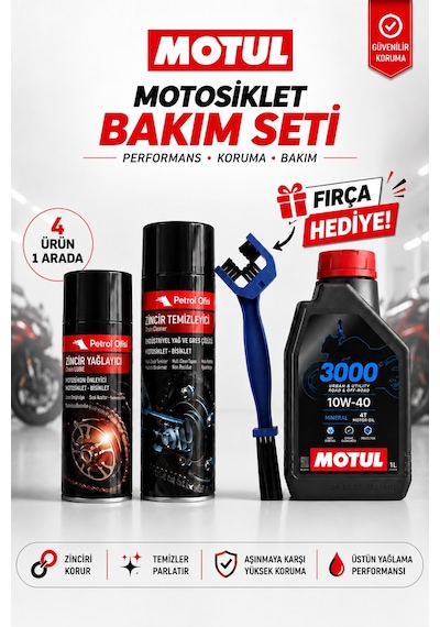 Motul 3000 10w-40 4t 1l Mineral Motosiklet Yağı Ve Zincir Bakım Seti 4'lü