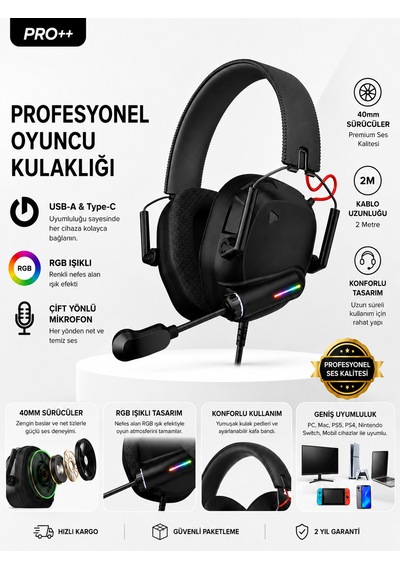 Rgb Işıklı Oyuncu Kulaklığı Sanal 7.1 Çevresel Ses Gürültü Önleyici Kulak Üstü Headset
