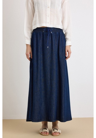 Olcay Beli Lastikli Soft Denim Etek Lacivert 7068