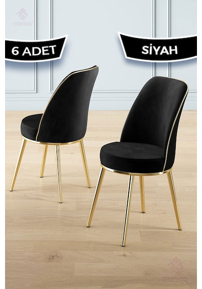 Canisa Pefa Serisi 6 Adet Siyah Mutfak Sandalyesi Gold Kaplama Metal Ayak 1. Sınıf Babyface Kumaş Sandalye Siyah Ayaklar Gold