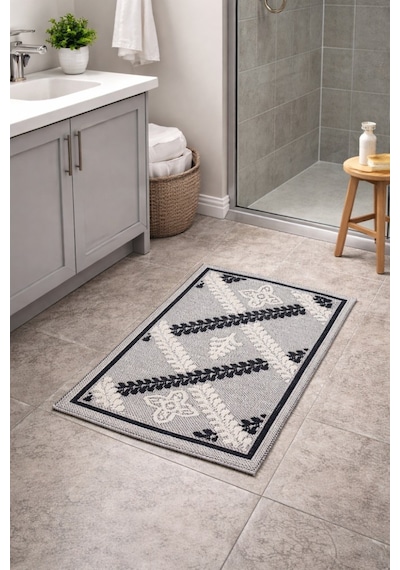 Modern Dokuma Desenli Kaymaz Taban Banyo Paspası 50x80 Cm Siyah