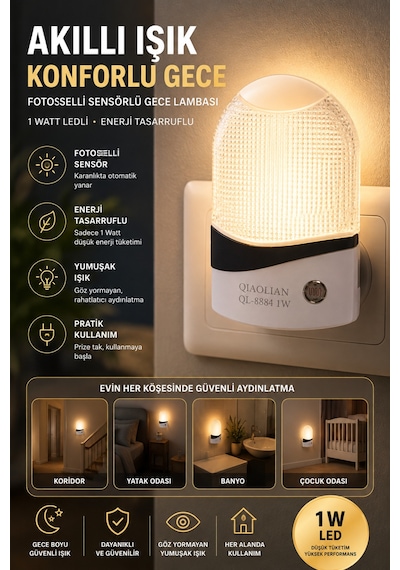 1 Watt Fotoselli Sensörlü Led Gece Lambası Otomatik Yanan Koridor Yatak Çocuk Odası Aydınlatma Beyaz