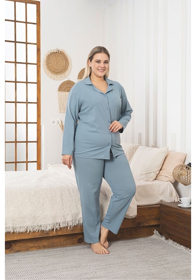 Büyük Beden Boydan Düğmeli Kaşkorse Kumaş Pijama Takımı Mavi