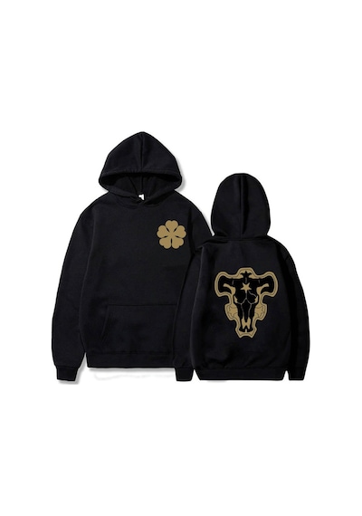 Black Clover Logo Ön Arka Baskılı Kapşonlu Sweatshirt Siyah
