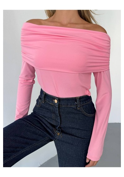 Kechi Woman Dalgıç Kumaş Madonna Yaka Pembe Bluz