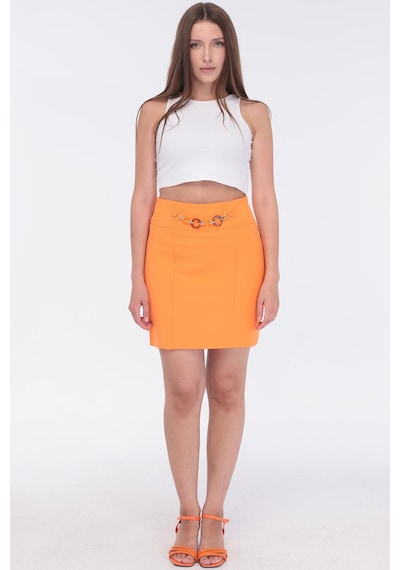 Selectmoda Kadın Zincir Toka Detaylı Modern Şık Mini Etek Turuncu