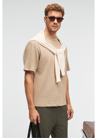 Grımelange Vıntage Erkek Kısa Kollu Yuvarlak Yaka Dokulu Gofre Kumaş Regular Fit Bej T-shirt Bej