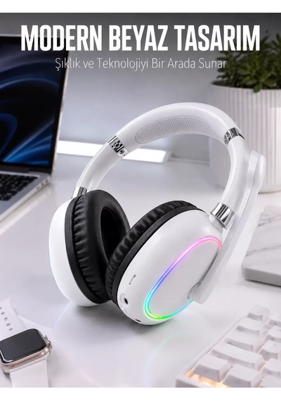 Northcity Kablosuz Bluetooth Kulaklık Rgb Işıklı, Mikrofonlu, Type-c Şarj Destekli Beyaz Kulaklık