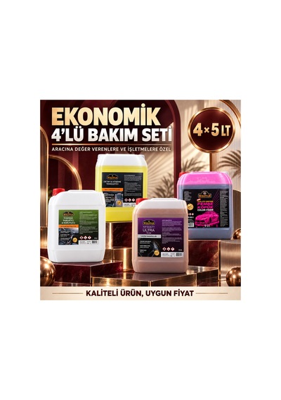 Ekonomik 4 Lü Oto Bakım Seti 4x5 Lt Pembe Köpük Şampuan, Döşeme Temizleyici, Torpido Ve Lastik Parlatıcı