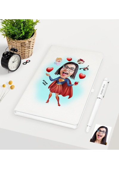 Kişiye Özel Süper Anne Karikatürlü Beyaz Defter Kalem Seti Beyaz