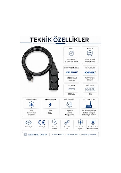 Ünal Kablo Sanayi Tipi Ağır Hizmet Uzatma Kablosu 35 Metre 3x2.5 Mm %100 Tam Bakır Seldur Kauçuk 3'lü Grup Priz Orel Kauçuk Fiş Ip54 Ip44 35 M