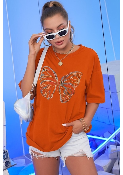 Kelebek Baskılı Oversize Siyah T-shirt Turuncu