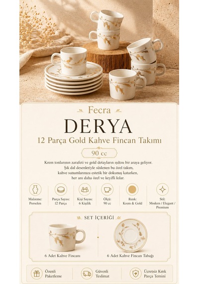 Fecra Derya 12 Parça Gold Kahve Fincan Takımı Beyaz