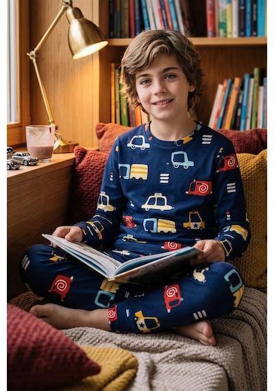 Zuzunga Araba Desenli Pamuk Süprem Kumaş Erkek Bebek - Çocuk Pijama Takımı Lacivert