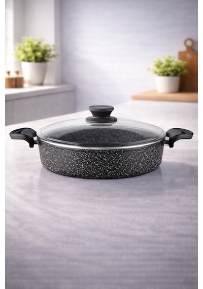 Diez 32 Cm Granit Basık Tencere Siyah Yapışmaz Karnıyarık & Pilav Tenceresi Cam Kapaklı